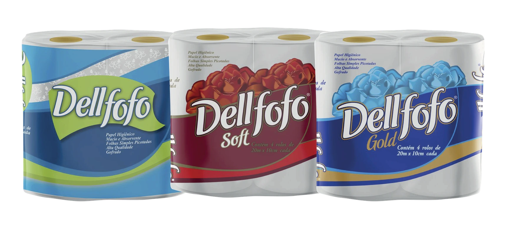 Pacotes de papel higiênico Dellfofo Tradicional, Soft e Gold